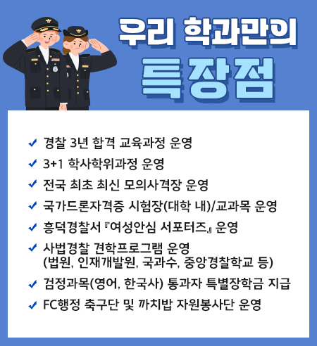 우리 학과만의 특장점
경찰 3년 합격 교육과정 운영
3+1 학사학위과정 운영
전국 최초 최신 모의사격장 운영
국가드론자격증 시험장(대학 내)/교과목 운영
흥덕경찰서 『여성안심 서포터즈』 운영
사법경찰 견학프로그램 운영(법원, 인재개발원, 국과수, 중앙경찰학교 등)
검정과목(영어, 한국사) 통과자 특별장학금 지급
FC행정 축구단 및 까치밥 자원봉사단 운영