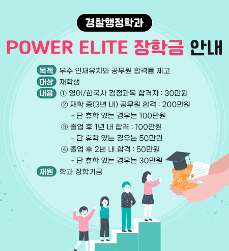 Power Elite 장학금 안내
목적 : 우수 인재유치와 공무원 합격률 제고
대상 : 재학생
내용 
① 영어/한국사 검정과목 합격자 : 30만원
② 재학 중(3년 내) 공무원 합격 : 200만원
 - 단 휴학 있는 경우는 100만원
③ 졸업 후 1년 내 합격 : 100만원
 - 단 휴학 있는 경우는 50만원
④ 졸업 후 2년 내 합격 : 50만원
 - 단 휴학 있는 경우는 30만원
재원 : 학과 장학기금