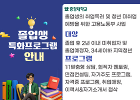 졸업생 특화프로그램 안내
충청대학교
졸업생의 취업독려 및 청년 미취업
예방을 위한 고용노동부 사업
대상
졸업 후 2년 이내 미취업자 및
졸업예정자, 34세이하 지역청년
프로그램
1:1맞춤형 상담, 현직자 멘토링,
면접컨설팅, 자기주도 프로그램,
자격증 프로그램, 취업매칭,
이력서&자기소개서 첨삭