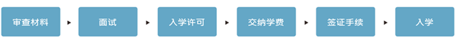审查材料 → 面试 → 入学许可 → 交纳学费 → 签证手续 → 入学